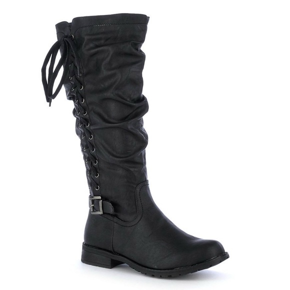 SHIEKH • Tina Black Knee-High Lace-Up Riding Side Zip Buckle Boots - Picture 1 of 7